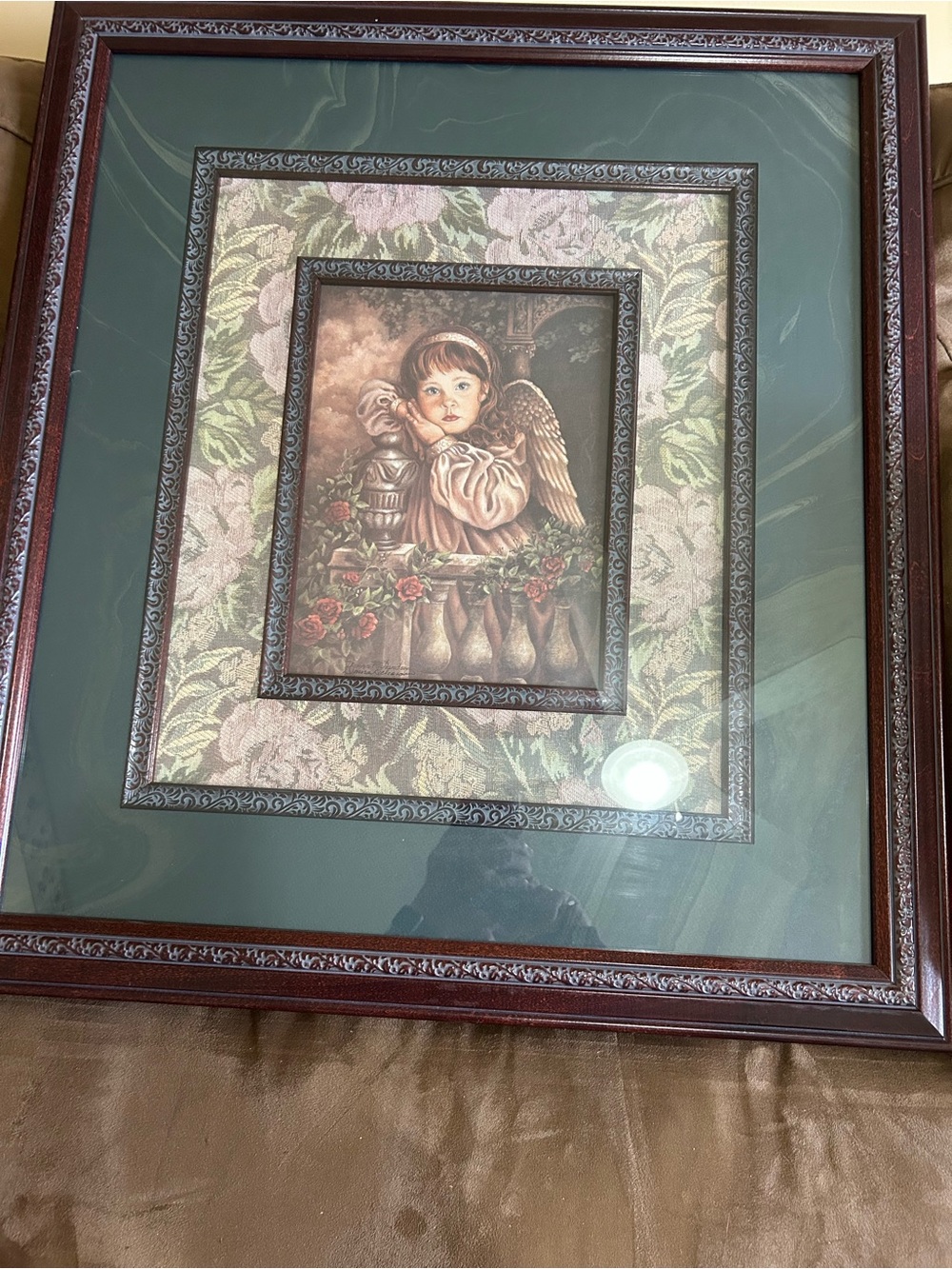 Framed Angel Art Print in Green and Brown